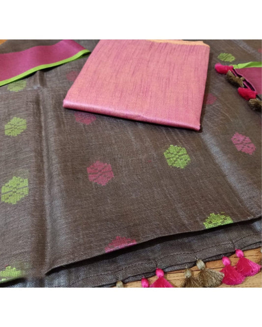 Pure Linen Pastoral Brown Dupatta & Katan Silk Pink Top Set