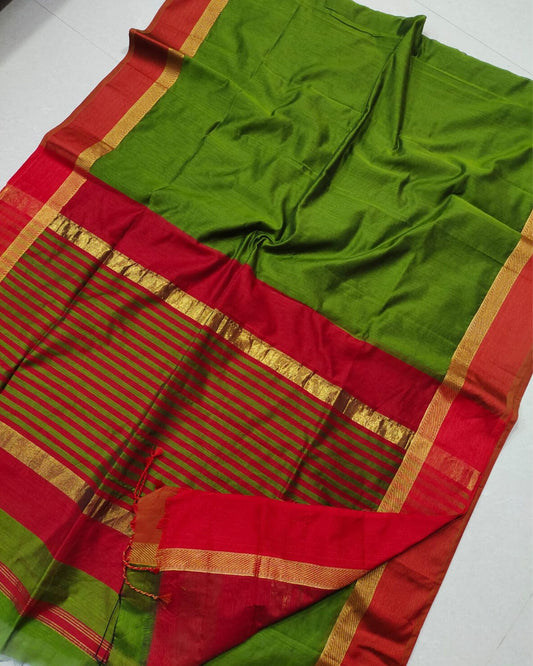 Pure Maheshwari Silk Saree Green With Contrast Pallu