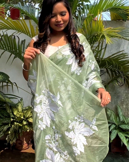 5930-Organza Pure Green colour Silk Saree Digital Embroidered with running blouse