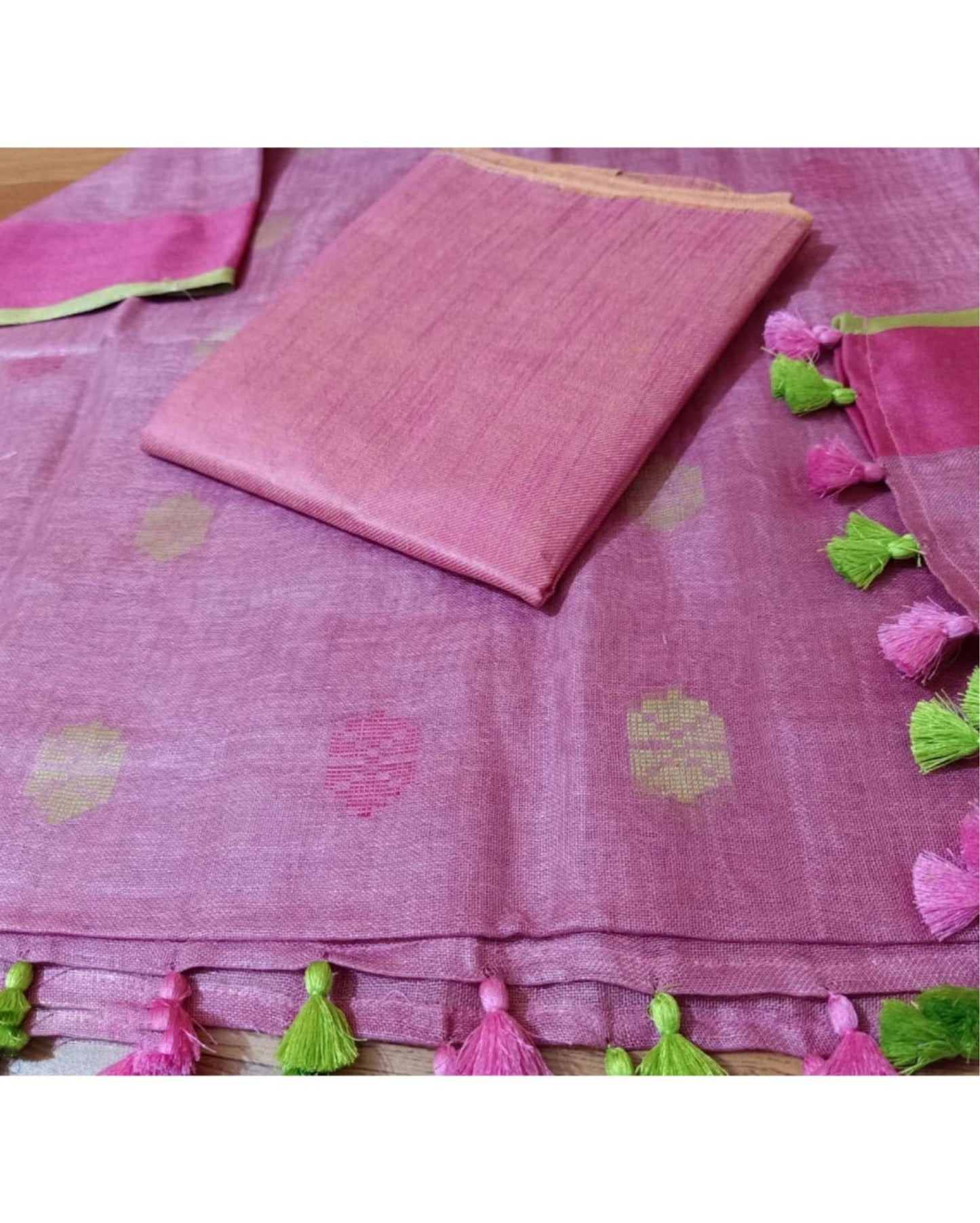 7120-Handwoven Pure Linen Pink Dupatta Set with Katan Fabric Pink Top