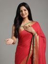 Ornate Handwoven Pure Linen Red Saree