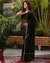 Pure Cotton Kota Doria Saree Black Color Jaal Embroidery with running blouse - IndieHaat