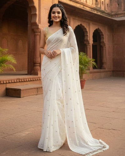 Indiehaat | Pure Mul Cotton Sequin Saree White