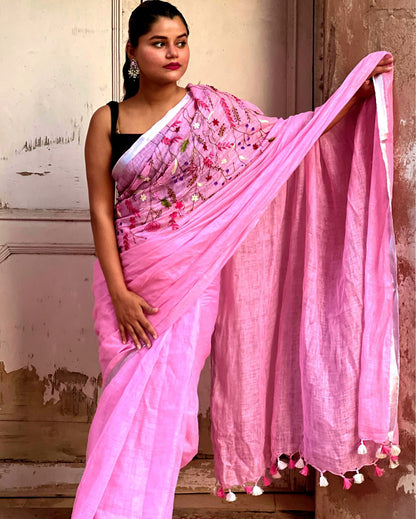Magnificent Pure Linen Saree Hand Embroidered Pink