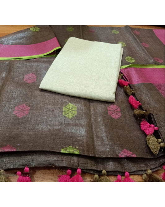 Pure Linen Gorgeous Brown Dupatta & Katan Silk White Top Set