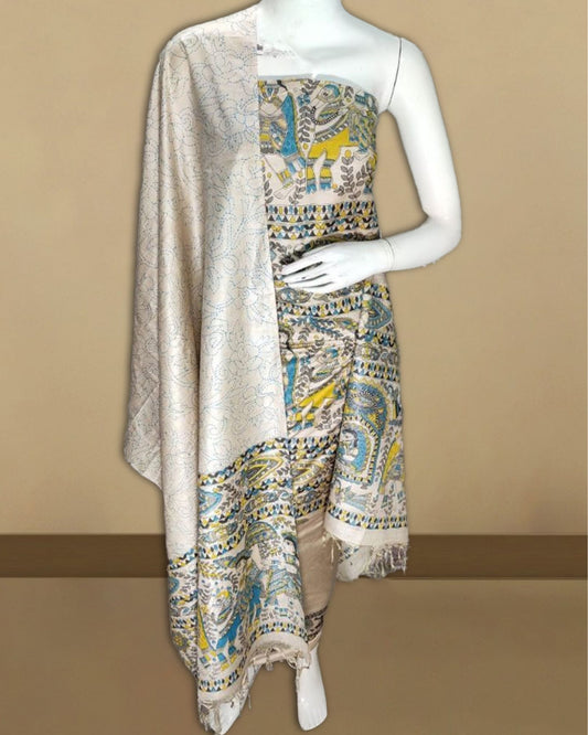 4676-Katan Multi Color Design Silk Madhubani Printed Suit Piece with Bottom and Pale Silver Dupatta Handcrafted
