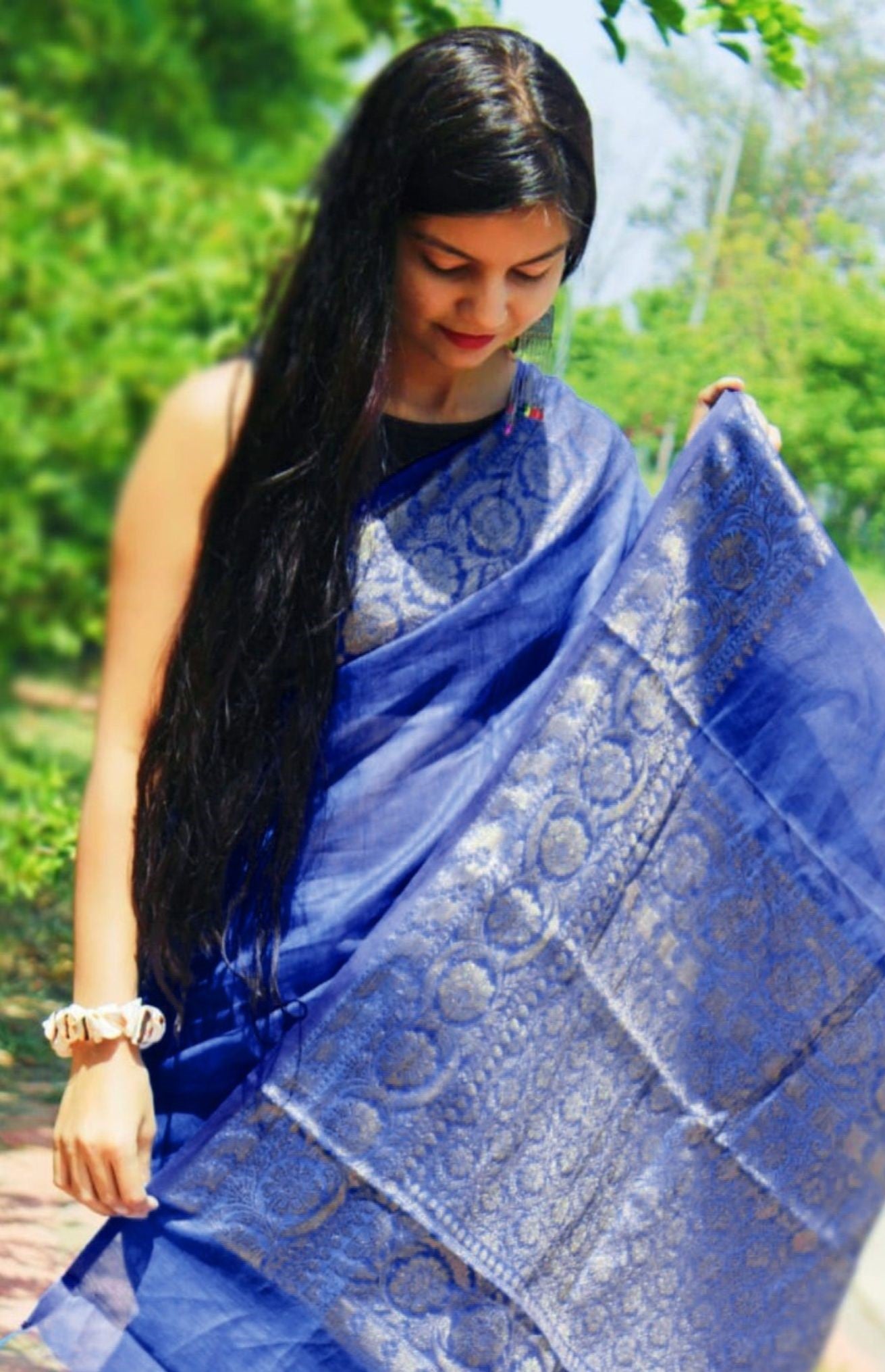 7783-Silk Linen Banarasi Brocade Handloom Sapphire Blue Saree with Blouse