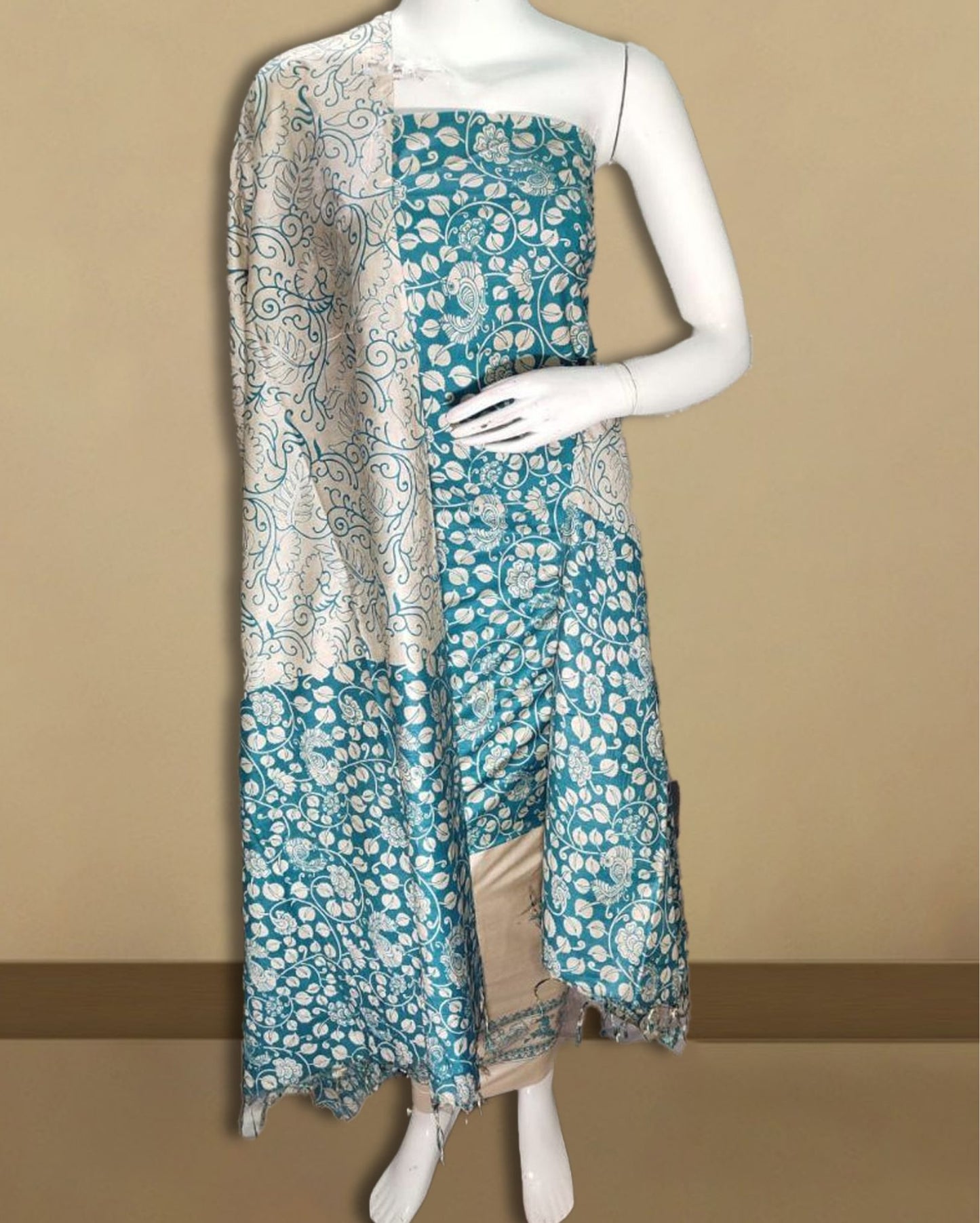 3702-Katan Teal Blue Silk Printed Suit Piece with Bottom and Dupatta Handcrafted
