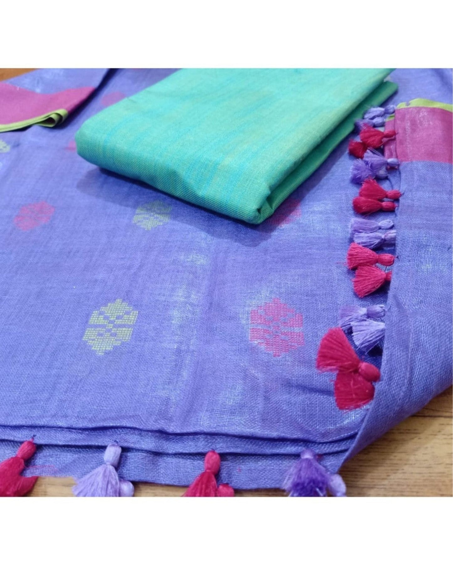 6046-Handwoven Pure Linen Purple Dupatta Set with Katan Fabric Green Top
