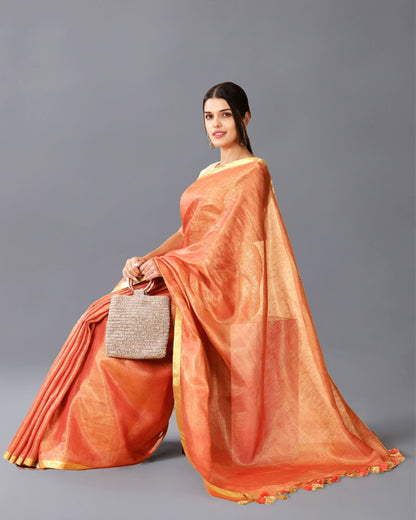 Colorful Pure Tissue Linen Handdyed Saree Orange