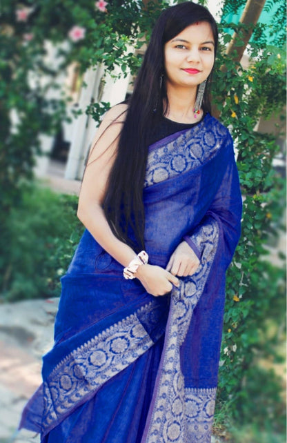 7783-Silk Linen Banarasi Brocade Handloom Sapphire Blue Saree with Blouse