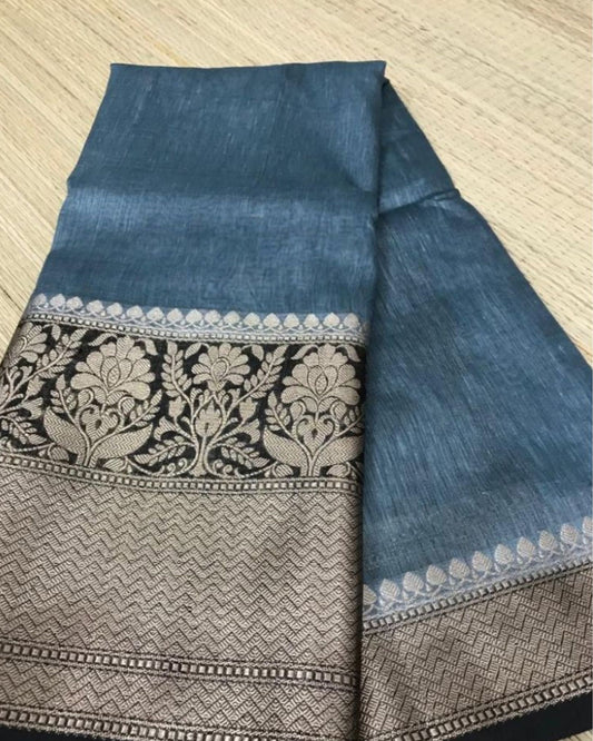 Ethereal Banarasi Silk Linen Blue Handloom Saree