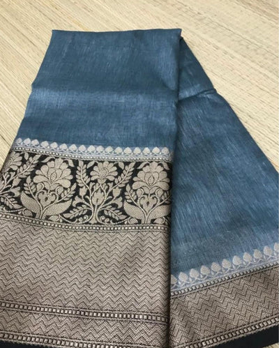 Silk Linen Banarasi Brocade Weaving Handloom Saree with Blouse-Indiehaat