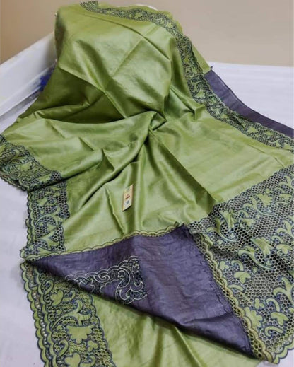 9545-Silkmark Certified Pure Tussar Hand Cutwork Green Saree with Contrast Blouse