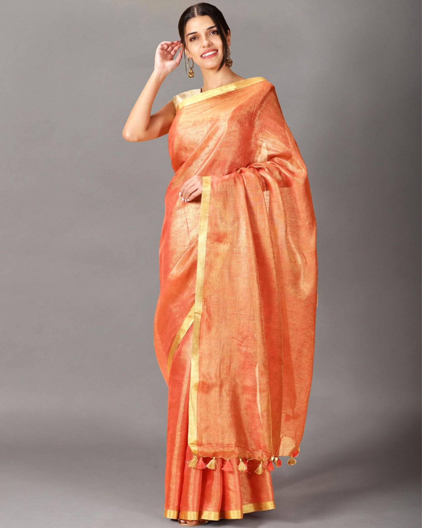 Colorful Pure Tissue Linen Handdyed Saree Orange