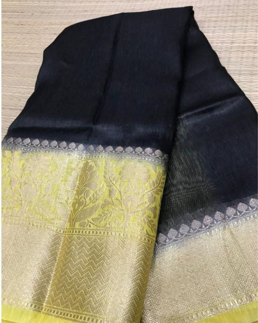 Serene Banarasi Silk Linen Black Handloom Saree