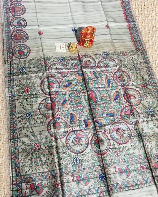 Silkmark Tussar Lively Madhubani Handpainted Biege Saree