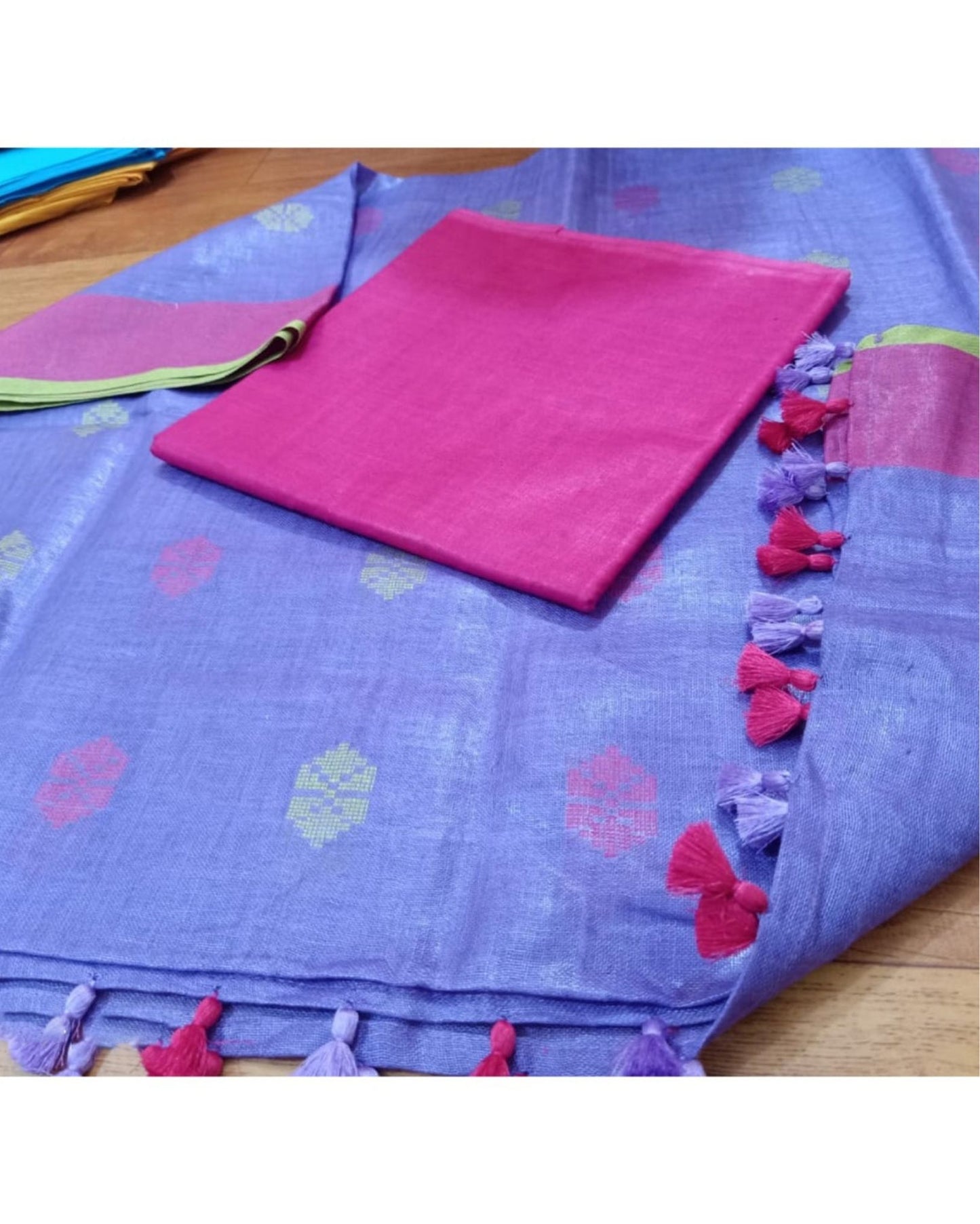 9951-Handwoven Pure Linen Purple Dupatta Set with Katan Fabric Pink Top
