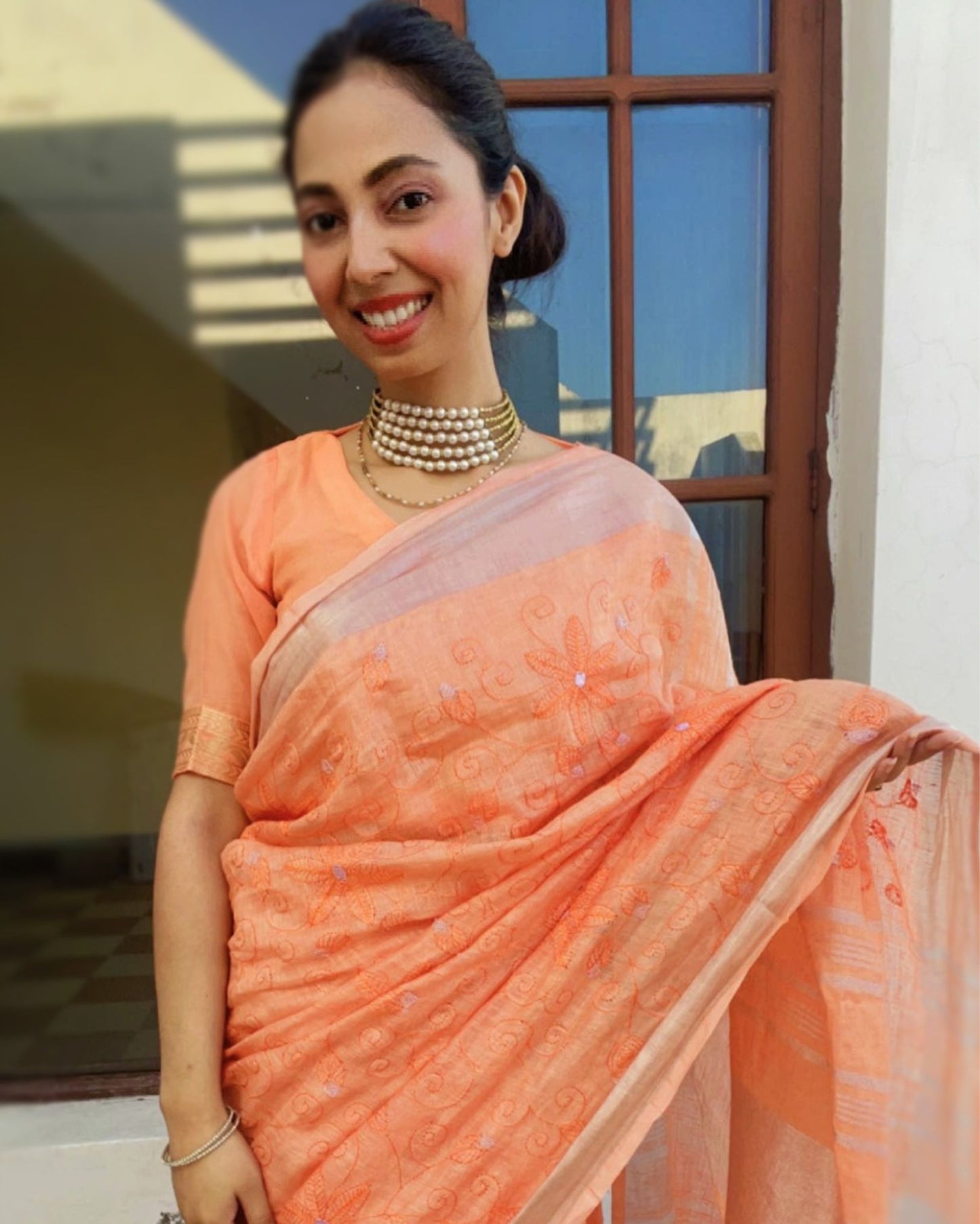 1590-Pure Linen Embroidered Handloom Warm Orange Saree with Running Blouse Handcrafted