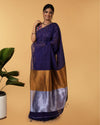 Silk Linen Plain Saree Dark Blue Color with contrast border and attached Running Blouse-Indiehaat