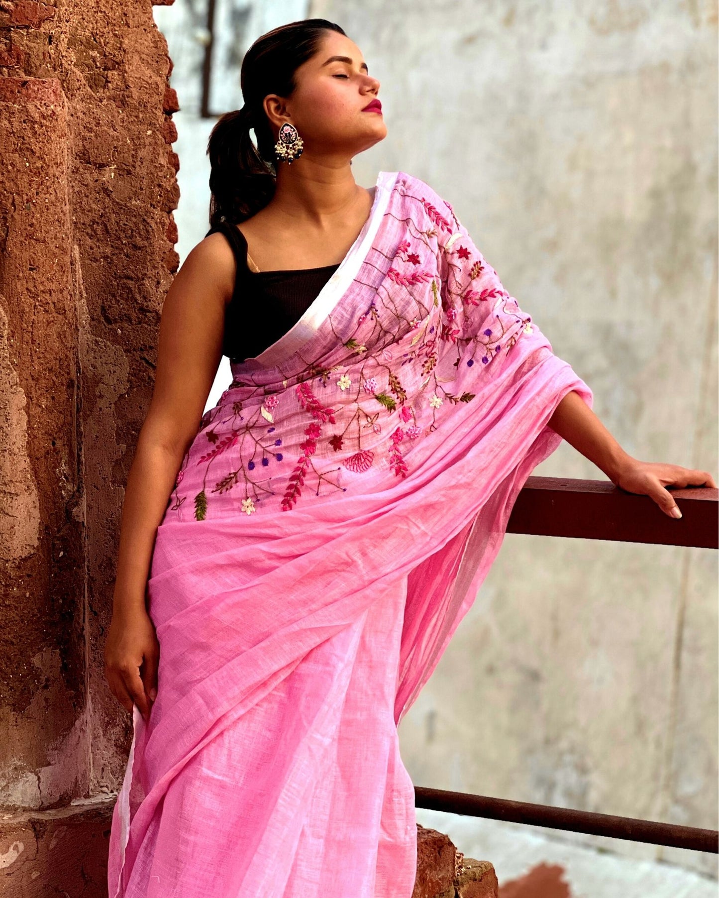 Magnificent Pure Linen Saree Hand Embroidered Pink