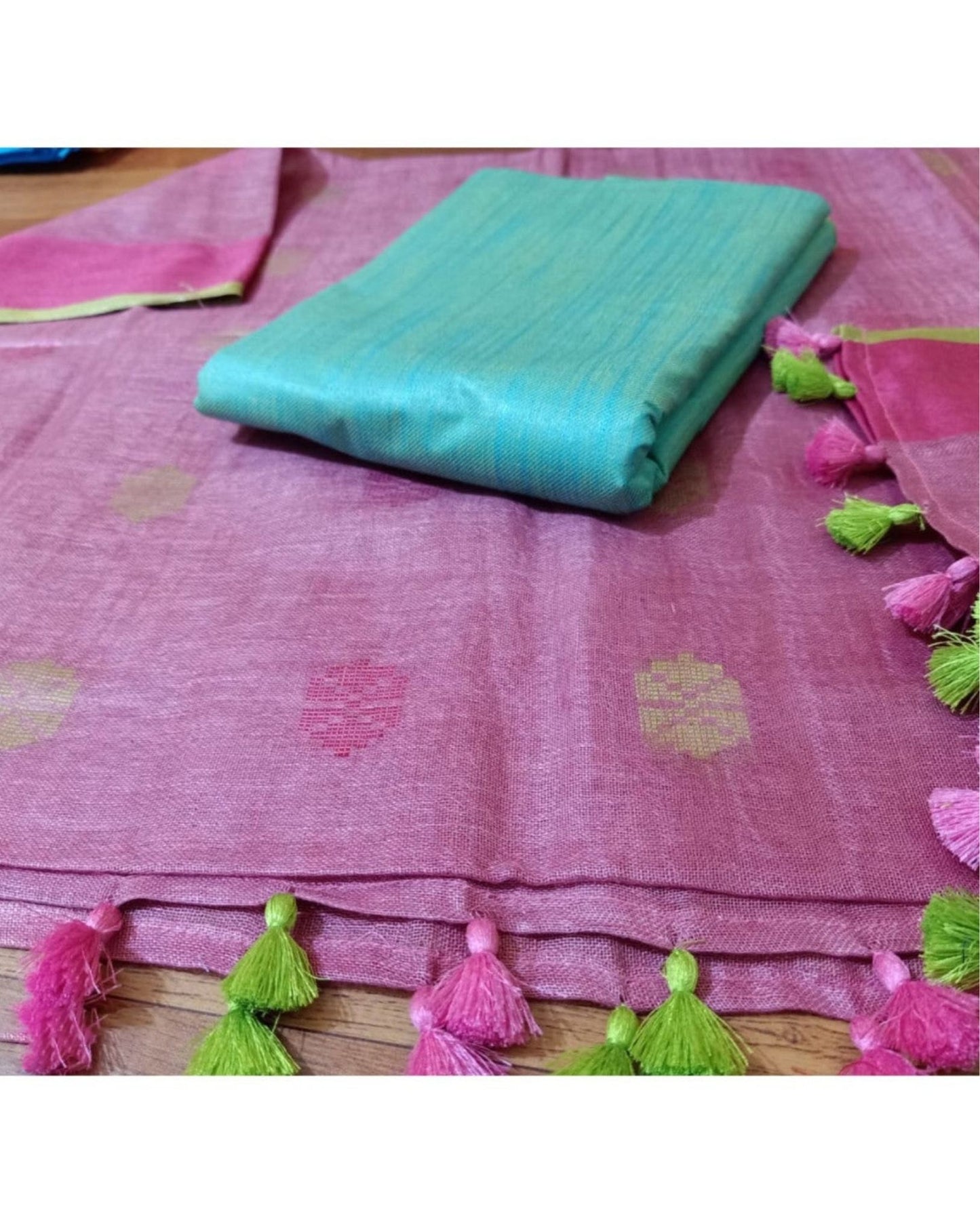 Pure Linen Glowing Pink Dupattawith Katan Silk Blue Top Set