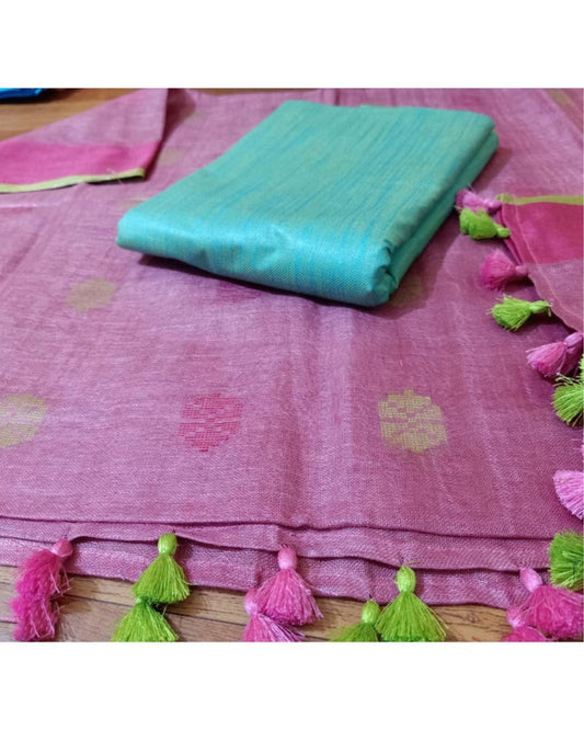 Pure Linen Glowing Pink Dupatta With Katan Silk Blue Top Set