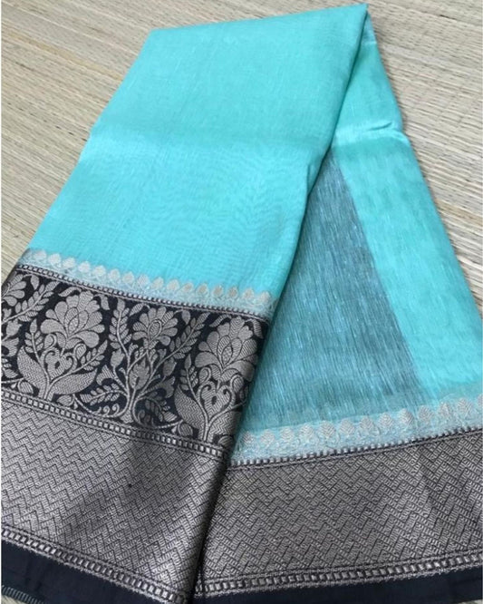5084-Silk Linen Banrasi Brocade Weaving Handloom Blue Saree with Blouse