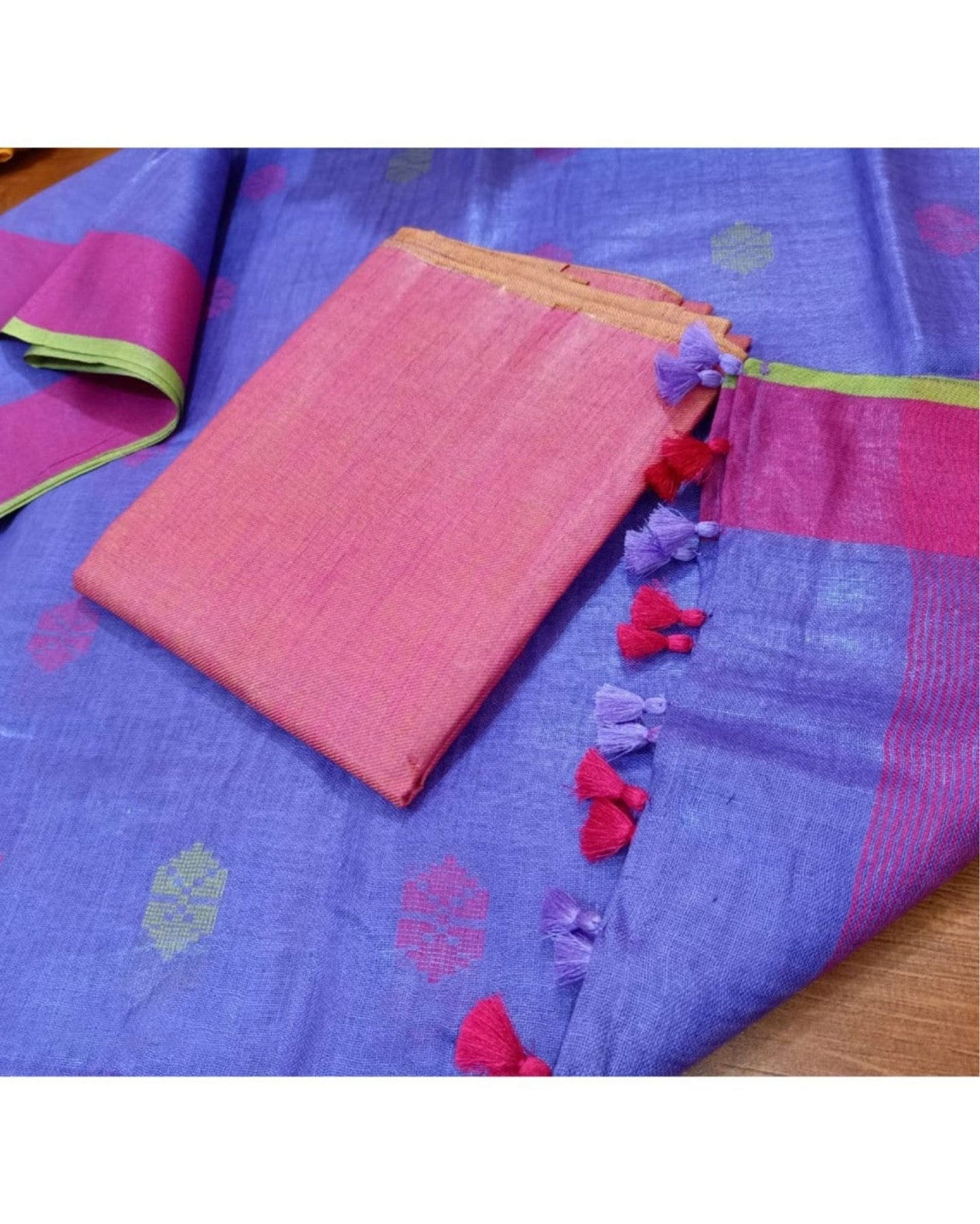 2046-Handwoven Pure Linen Purple Dupatta Set with Katan Pink Fabric Top
