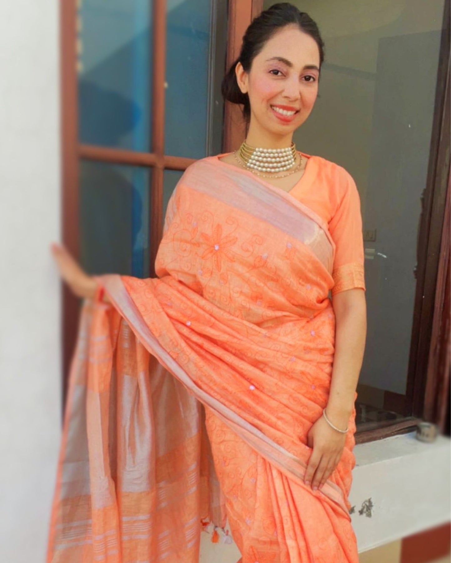 1590-Pure Linen Embroidered Handloom Warm Orange Saree with Running Blouse Handcrafted
