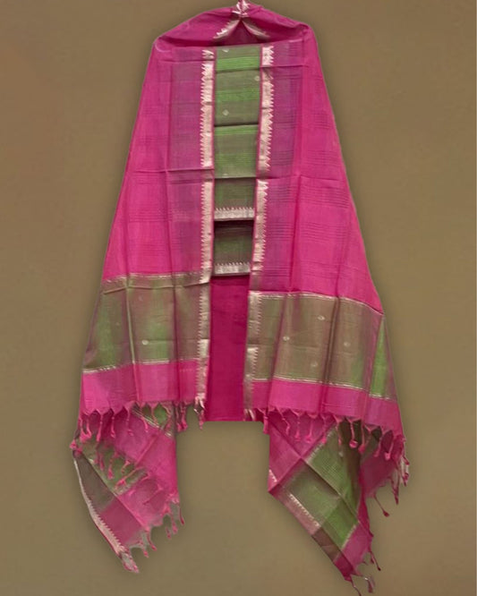 1075-Mangalagiri Green Pattu Buta Dress Material (Top+Dupatta) With Cotton Bottom