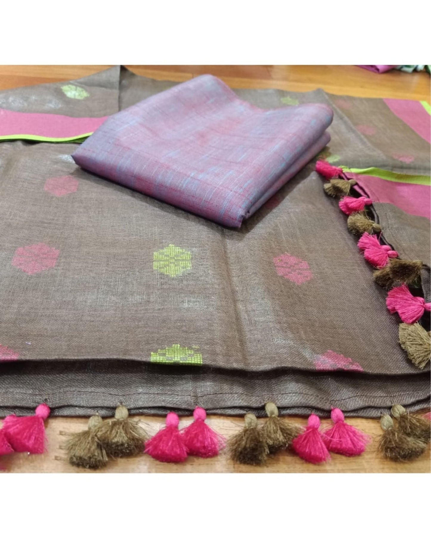 9104-Handwoven Pure Linen Brown Dupatta Set with Katan Fabric Purple Top