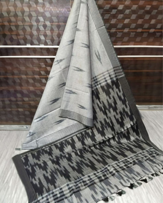 9120-Slub Linen Ikkat work Handloom Grey color Saree with Blouse