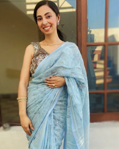 Intricate Pure Linen Embroidered Handloom Blue Saree