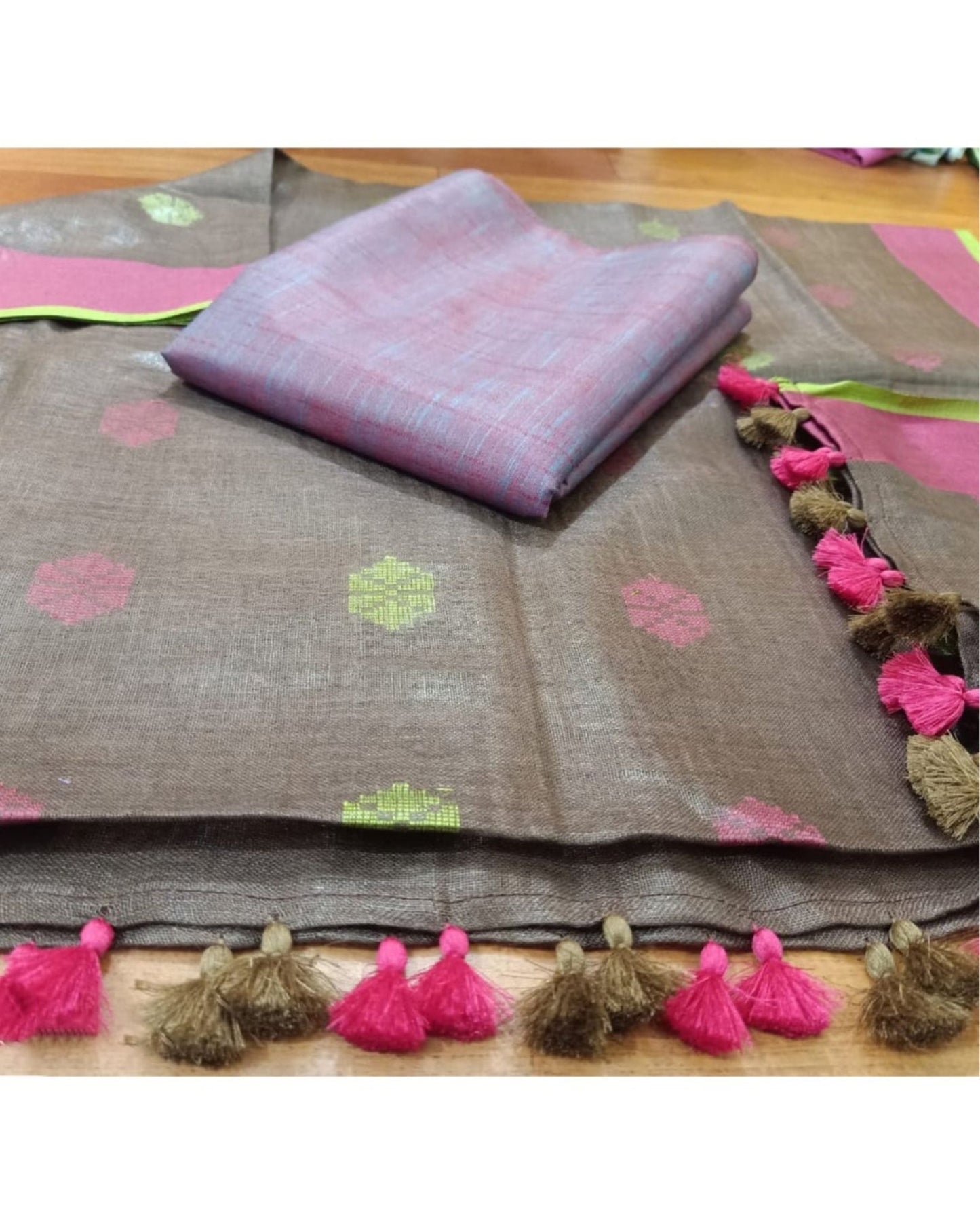 8991-Handwoven Pure Linen Brown Dupatta Set with Katan Fabric Purple Top