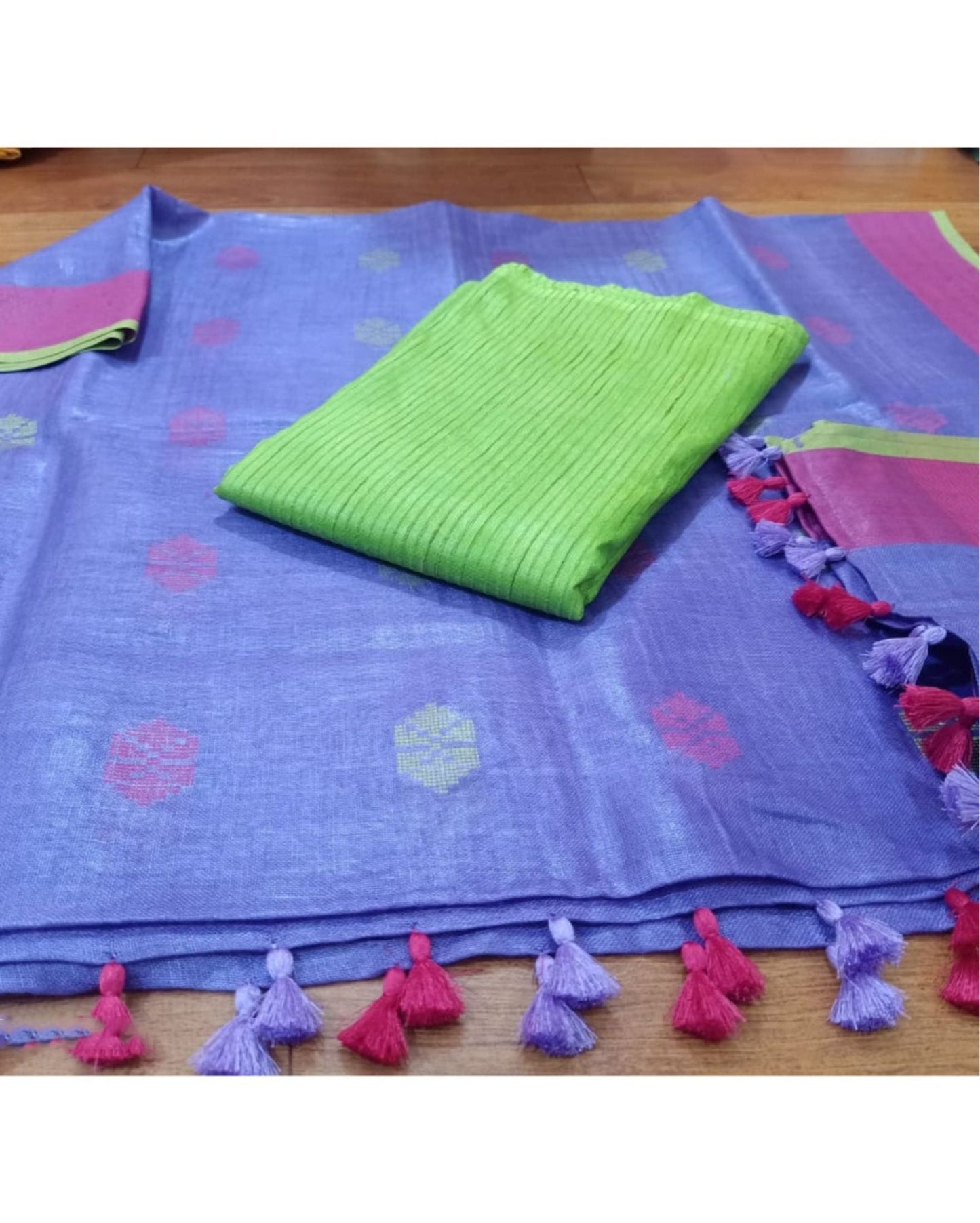5186-Handwoven Pure Linen Purple Dupatta Set with Katan Fabric Green Top