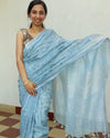 Intricate Pure Linen Embroidered Handloom Blue Saree