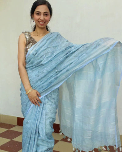 Intricate Pure Linen Embroidered Handloom Blue Saree