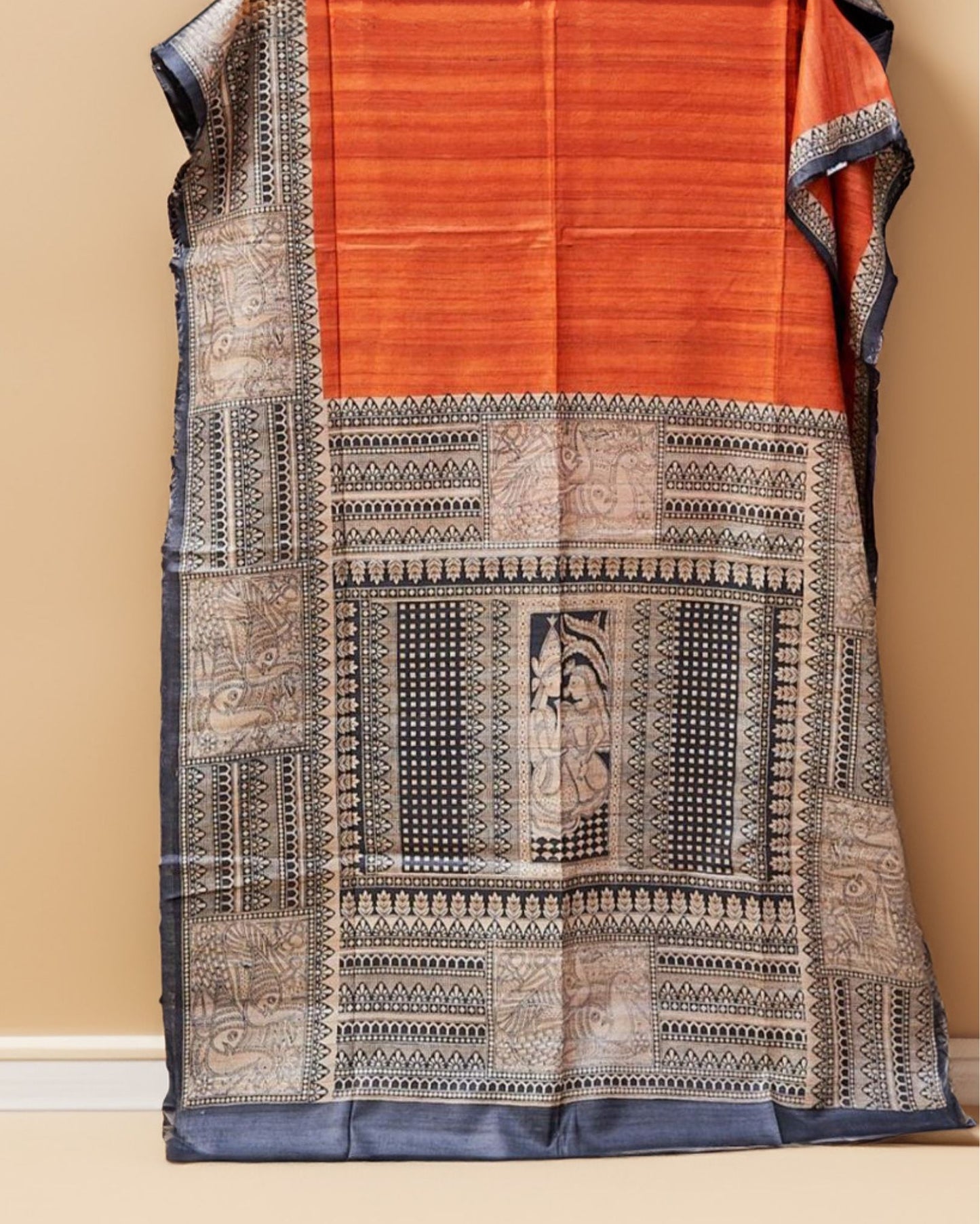 8695-Silkmark Certified Tussar Silk Handloom Handblock Printed Orange Saree with Blouse