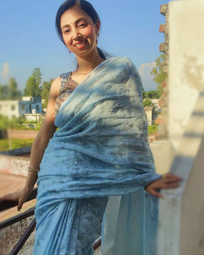 Intricate Pure Linen Embroidered Handloom Blue Saree