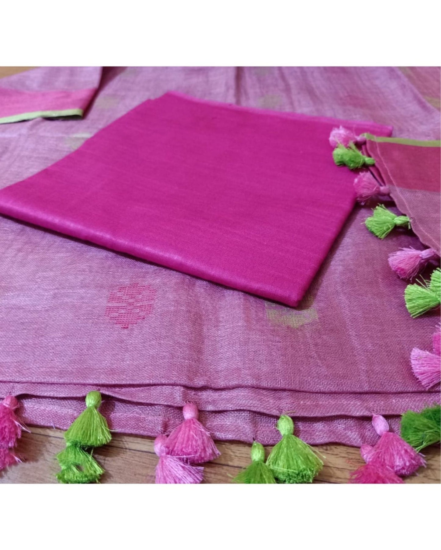 4666-Handwoven Pure Linen Purple Dupatta Set with Katan Fabric Pink Top