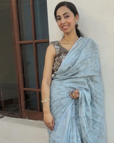 Intricate Pure Linen Embroidered Handloom Blue Saree