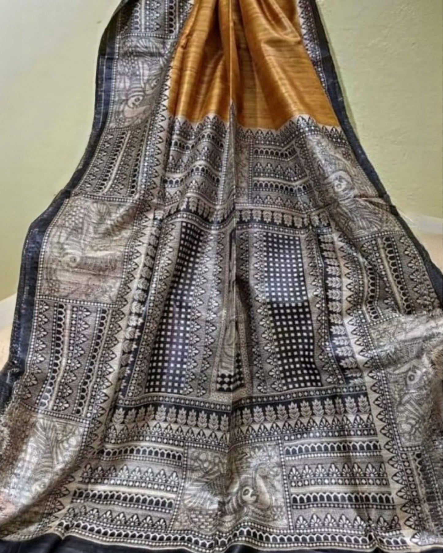 7008-Silkmark Certified Tussar Silk Handloom Handblock Printed Brown Saree with Blouse
