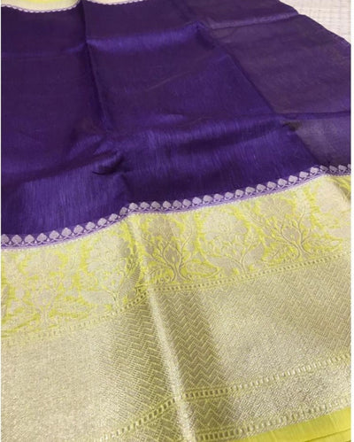 Silk Linen Banarasi Brocade Weaving Handloom Purple Saree with Blouse-Indiehaat
