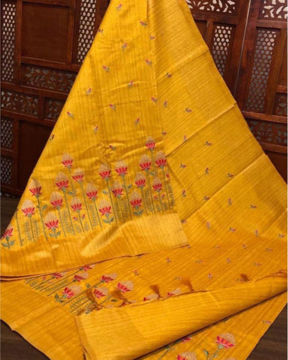 Silkmark Certified Pure Tussar Bold Embroidered Yellow Saree