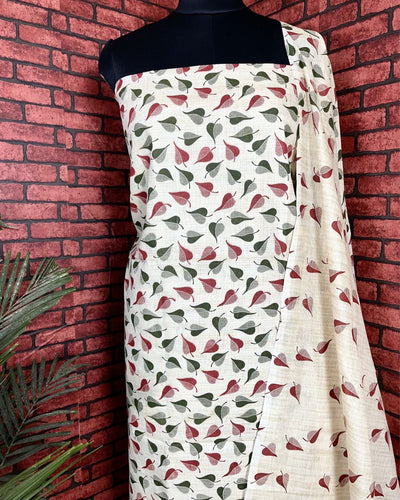 Indiehaat | Khadi Silk Beige Suit Leafy Printed Top+Bottom+Dupatta