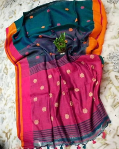 Pure Linen Jacquard Handloom Green & Pink Saree