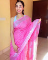 Ethereal Pure Linen Embroidered Handloom Pink Saree