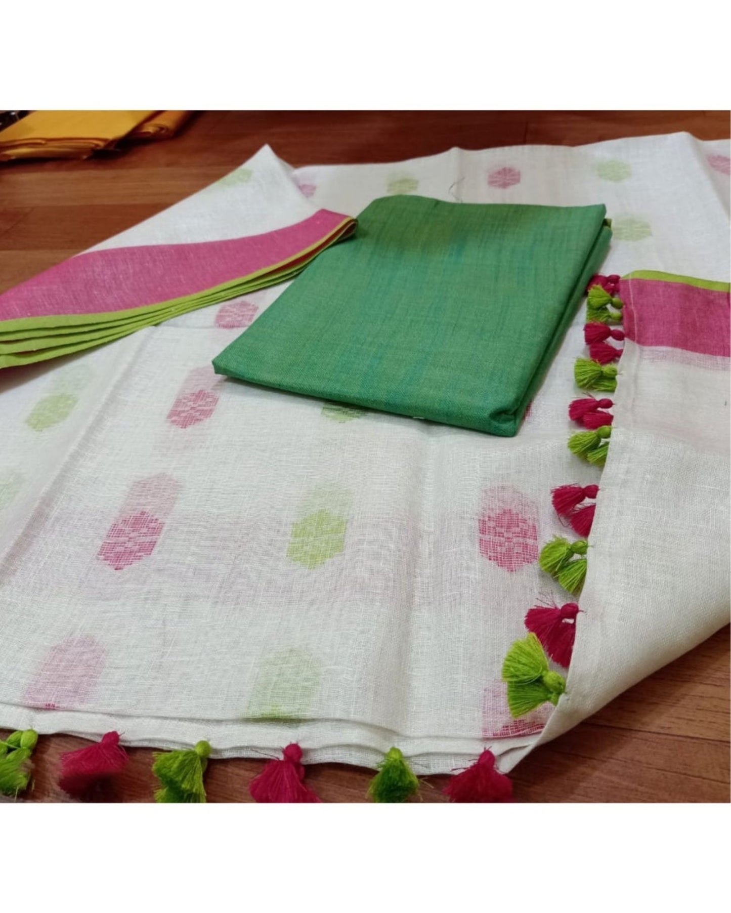 2114-Handwoven Pure Linen White Dupatta Set with Katan Fabric Green Top