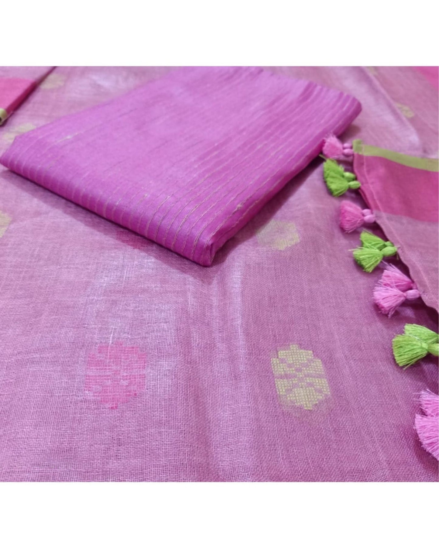 8861-Handwoven Pure Linen Pink Dupatta Set with Katan Fabric Pink Top